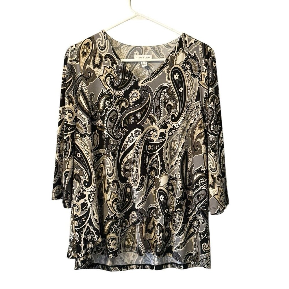 Susan Graver Pullover Long Sleeve V Neck Blouse Size M Paisley Floral Stretch